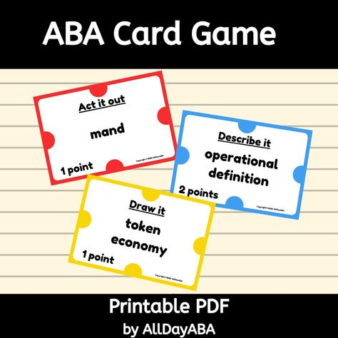 So excited to share this fun new ABA terminology resource! Play with coworkers, supervisees, and more! A full preview is available to download before you buy so you can see exactly what you’ll get. Check it out here: https://www.teacherspayteachers.com/Product/ABA-Card-Game-Applied-Behavior-Analysis-Terminology-Therapists-Supervisees-5239010 #ABA #BCBA #BCaBA #RBT #appliedbehavioranalysis #allthewaystoaba Bcba Exam Prep, Blank Playing Cards, Bcba Exam, Verbal Behavior, Token Economy, Work Parties, Behavioral Analysis, Applied Behavior Analysis, Building Activities