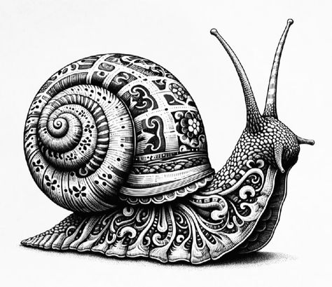 Snail Sketch, Zentangle Animals Art, Snail Drawing, Animal Zentangle, Practice Tattoos, Lino Print Ideas, Linocut Ideas, Zentangle Animals, Acrylic Art Projects