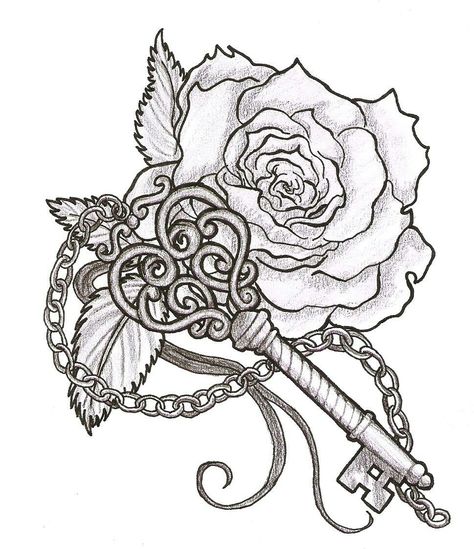 Rose and key Aa Tattoos, Tattoo Lettering Alphabet, Hat Painting, Flash Ideas, Key Tattoo, Black Work, Pattern Tattoo, Tattoo Lettering, Blackwork