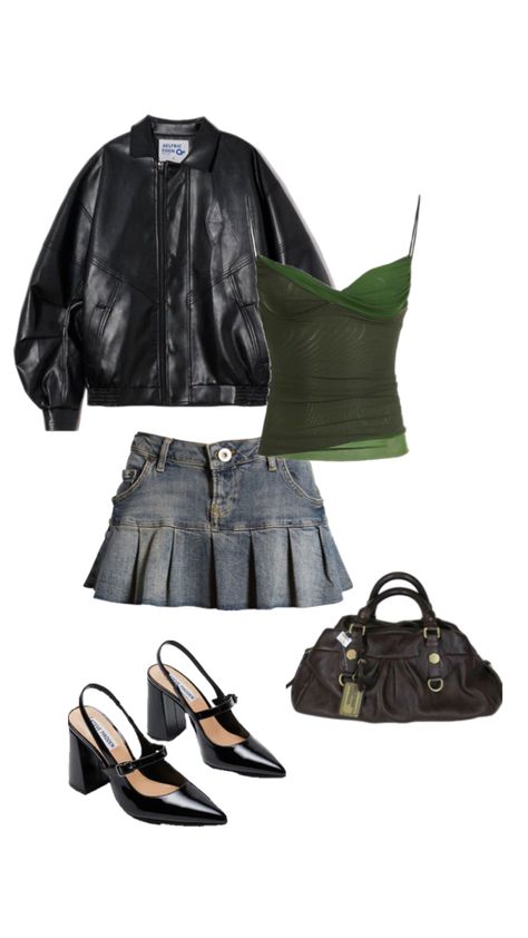 Fall outfit, fall ootd, fall weather, leather jacket, jacket outfit, tank top, green tank top, mini skirt, denim skirt, denim miniskirt, kitten heels, black heels, purse, brown purse, Denim Mini Skirt Outfit, Mini Skirt Denim, Leather Skirt Outfit, Denim Miniskirt, Fall Ootd, Denim Skirt Outfits, Ootd Fall, Brown Purse, Skirt Denim