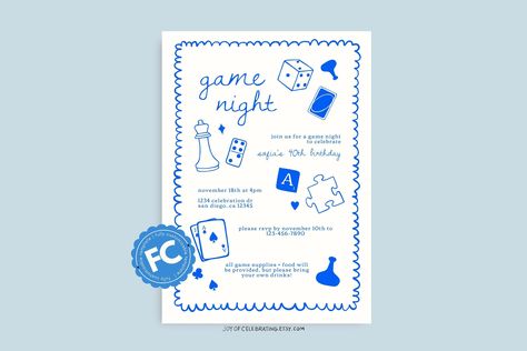 Game Night | Minimalist Fully Customizable Blue Game Board Night Invitation, Girls Night Adults Night, Digital Printable Invite Template Board Night, Happy Birthday Font, Merry Christmas Font, Board Game Night, Blue Game, Fun Invitations, Halloween Fonts, Wedding Banner, Invite Template