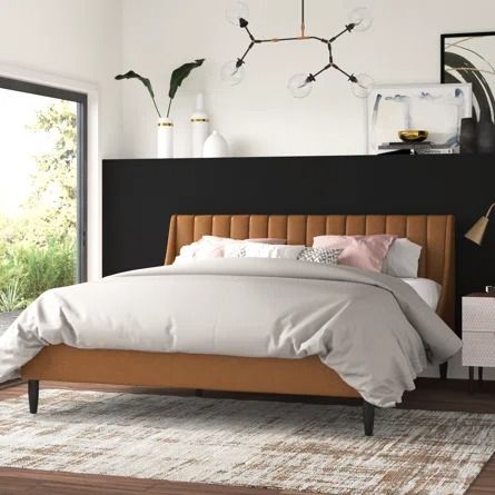 Wade Logan® Afraa Tufted Upholstered Low Profile Platform Bed | Wayfair Wade Logan Upholstered Bed, Wood Bed With Upholstered Headboard, Leather King Bed Frame, Low Profile King Bed, Upholstered Beds Bedroom Ideas, Caramel Bedroom, Low Headboard Bed, Leather Headboard Bedroom, Leather Bed Bedroom