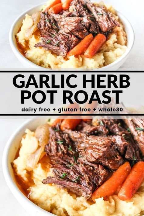 This easy pot roast cooks in the slow cooker with carrots, onions, and an incredibly delicious garlic herb gravy! The finished meat is fall apart tender. Serve over mashed potatoes (or add the potatoes to the slow cooker if you prefer) for the ultimate comfort food meal! 2023 Crockpot Meals, Easy Crockpot Sunday Dinner Ideas, Best Pot Roast Crock Pot Recipes With Gravy, Beef Roast With Mashed Potatoes, Slow Cooker Recipes Pot Roast, Crockpot Food Recipes, Meat That Goes With Mashed Potatoes, Food Network Fall Recipes, Gentle Dinner Recipes