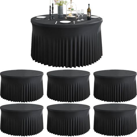 PRICES MAY VARY. 1. You will receive 6 Pack black spandex round table covers fitted for 60 inch diameter round tables. Manteles de mesa de tela para fiestas. 2. Made of Stretchy Spandex: Wrinkle Free; Stain resistant; High Quality Stitching; Washable; Ironable; Durable. You can keep it for future events. 3. Fit for 60 inch round tables: Fitted table cover is good fit for a 60" Diameter x 30" Height round table. No need to worry about the tablecloth blowing off or falling off. 4. Easy to slide on 6ft Table Centerpieces, Motown Party Decorations, Masculine Party Decor, Black Table Cloth Wedding, Round Table Decor Ideas, Black Table Linens Wedding, Wedding Buffet Table Decor, Desk Skirt, Round Table Cloths