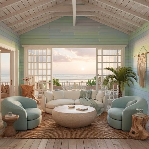 beach house living room pastels Beach House Living Room, Beach Bungalow, House Living Room, Wooden Room, Island Life Style, Wooden Accessories, Blues And Greens, Beach Bungalows, Lounge Area