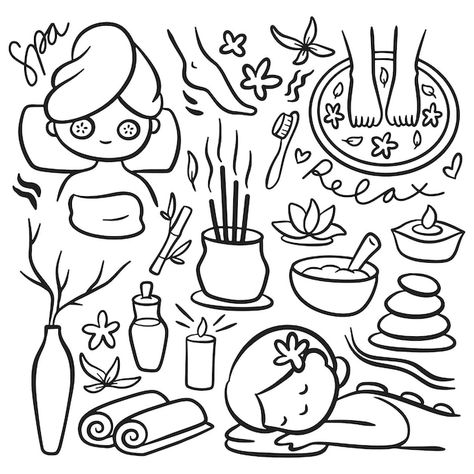 Hand drawn cartoon spa doodle element | Premium Vector #Freepik #vector #massage #spa #spa-stone #spa-elements Massage Drawing Cute, Skin Care Doodle, Spa Doodles, Massage Graphic, Spa Cartoon, Massage Drawing, Relaxing Drawing Ideas, Spa Drawing, Spa Illustration