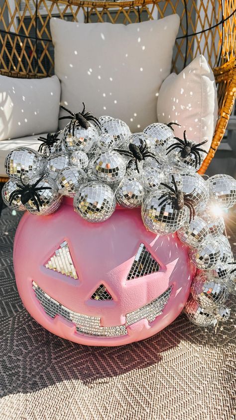 Before & After of this Walmart Jack-o-lantern 🎃✨🪩 Would you try this Pink Pumpkin Disco DIY? Tag me if you do! #pink #pinkaesthetic… | Instagram Chic Diy Halloween Decor, Disco Ball Pumpkin Diy, Pink Disco Halloween, Disco Ball Halloween Decor, Pink Halloween Tree, Disco Trunk Or Treat, Girly Halloween Decor, Hippie Halloween Decor, Diy Pink Halloween Decor