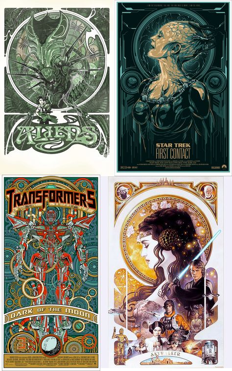 Art Nouveau remade movie posters Science Fiction Movies, Art Nouveau Poster, Geek Art, First Contact, Sci Fi Art, Cultura Pop, Vintage Posters, Transformers, Science Fiction