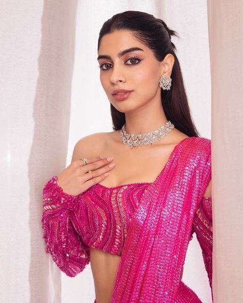 All posts • Instagram Pink Saree Look, Pink Sequin Saree, Khushi Kapoor, Capsule Wardrobe Casual, Party Makeup Looks, Mumbai Wedding, Models Style, Sequin Saree, Lehenga Designs Simple