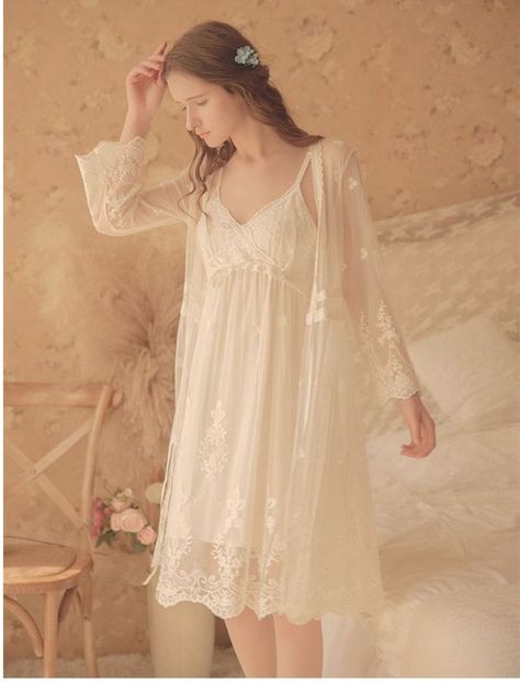 Short lace nightgown peignoir falls at the knee. Soft stretchy material and elegant workmanship. Perfect bridal gift. Sleepwear Women Nightgowns, Victorian Lingerie, White Lace Lingerie, Vintage Pajamas, Vintage Nightgown, Night Dress For Women, Lace Kimono, Women's Nightgowns, Nightgowns For Women