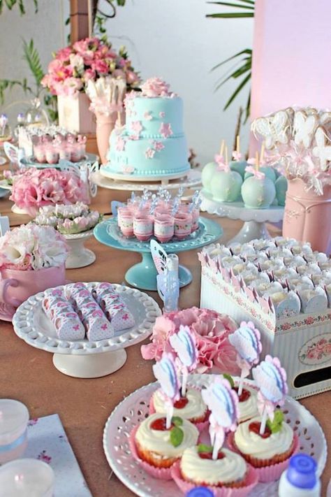 Pastel Garden themed birthday party via Kara's Party Ideas KarasPartyIdeas.com Cake, decor, favors, supplies, cupcakes, and MORE! #gardenparty #karaspartyideas (4) Pastel Color Dessert Table, Pastel Dessert Table Ideas, Pastel Food Table, Pastel Candy Bar, Desserts Table, Pastel Garden, Tom Pastel, Pastel Party, Girls Tea Party