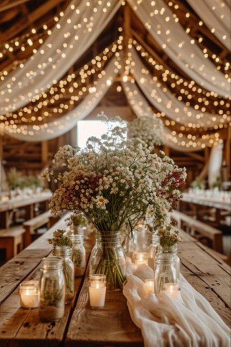 Rustic barn wedding table decoration, fairy lights Wedding Venue Ideas Rustic, Wedding Decor Country Rustic, Simple Country Wedding Table Decor, Rustic August Wedding, Rustic Formal Wedding, Wedding Theme Ideas Rustic, Classy Wedding Ideas Romantic, Self Uniting Wedding, Rustic Farm Wedding Reception