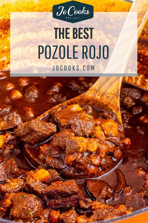 A traditional Mexican Pozole Rojo made with tender pork shoulder and hominy, slowly simmered in the most incredible 3 chile broth, with lots of great Mexican spices and herbs. Serve it with your favorite toppings for the ultimate south of the border dinner. #pozolerojo #recipe Authentic Posole Recipe Pork, Beef Pozole Recipe, Authentic Posole Recipe, Pazole Recipe, Pozole Recipe Pork, Pasole Recipe, Pozole Rojo Recipe, Pork Pozole, Mexican Pozole