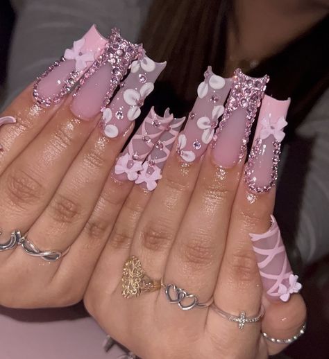 Blinged Out Pink Acrylic Nails, Blingy Pink Nails, Long Square Birthday Nails, Hot Pink Bling Nails Rhinestones, Rhinestone Acrylic Nails Bling, Pink Long Nails With Gems, Candy Land Nails Acrylic, Pink Bedazzled Nails, Nail Art Designs Medium Length