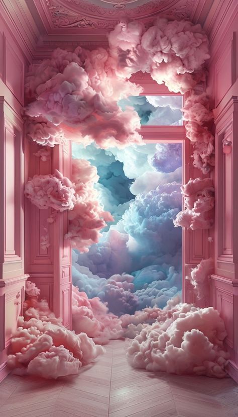 Surreal Pink Hallway with Dreamy Cloudscape Art Poster - Playground Pink Window Aesthetic, Window Aesthetic Wallpaper, Pretty Screensavers, Dreamscape Art, Surrealism Landscape, Cloud Giant, Pink Hallway, Girly Backgrounds, Window Aesthetic