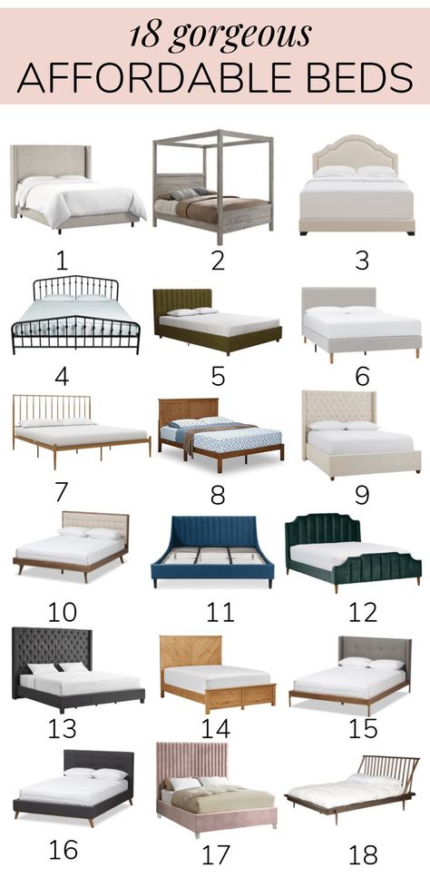 Beautiful affordable beds in every style! If you're looking for a cheap bed frame, this post will have one you'll love! Cute Cheap Bed Frames, Wood And Upholstered Bed Frame, King Bed Frame Cheap, Tufted Upholstered Bed Frame, Cheap Cute Bed Frames, Modern Boho Bed Frame, Best King Bed Frame, Affordable Queen Bed Frame, Best Bed Frames King