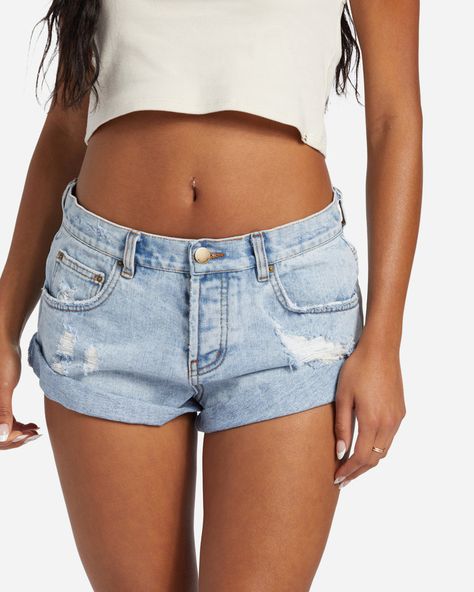 Get Low Short Denim Shorts - Light Wash Destroy – Billabong.com White Jean Shorts Outfit, Black Denim Skirt Outfit, Low Rise Jean Shorts, Short Denim Shorts, Denim Shorts Outfit, Denim Skirt Outfits, Black Denim Skirt, White Jean Shorts, Short Denim