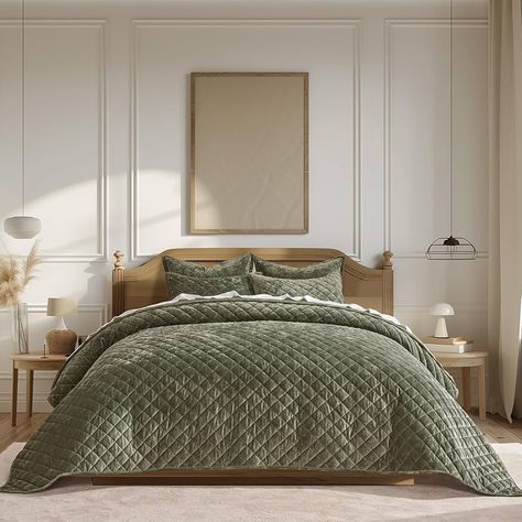 Amazon.com: EVERGRACE Luxury Velvet Quilt Set King Size, Diamond Quilted Lightweight Velvet Comforter for All Season, Ultra Soft Oversized Bedspread Coverlet Bedding Set with 2 Pillow Shams, Olive Green : Home & Kitchen Olive Green Bedding, Olive Bedroom, Fall Bedding Sets, Olive Green Bedrooms, Green Comforter Sets, Oversized Quilt, Green Comforter, Velvet Comforter, Crushed Velvet Fabric