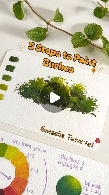 Bushes Painting Acrylic, Bush Painting Tutorial, How To Paint A Bush, Watercolor Bushes Trees, How To Paint Bushes And Trees, Watercolour Landscape Tutorial, Watercolor Landscape Paintings Tutorials, Bushes Watercolor, Bush Painting