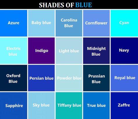 Types Of Blue Colour, Hair Color Names, Blue Hair Color, Types Of Blue, Blue Shades Colors, Dyed Hair Blue, Blue Names, Reference Chart, Persian Blue