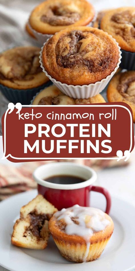 Healthy keto protein muffins that taste like cinnamon rolls! These tender low carb muffins have a buttery sweet cinnamon filling and pack 11g of protein per serving. #highprotein #ketorecipes #lowcarbrecipes Protein Muffins Cinnamon, Keto Cinnamon Roll Muffins, Keto Protein Muffins, Keto Applesauce Muffins, Keto Cinnamon Muffins, Low Carb Protein Snacks, Leto Muffins, Keto Muffins Almond Flour, Cinnamon Protein Muffins