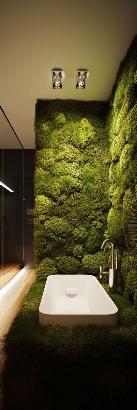 A serene and natural bathroom design, featuring a stunning and lush moss wall feature that infuses the space with organic texture and calming greenery, paired with a relaxing and inviting bathtub perfect for creating a peaceful and inviting ambiance. Moss Shower Floor, Calm And Peaceful Interior Design, Moss Wall In Bathroom, Moss Themed Bedroom, Greenery Wall Bathroom, Moss Wall Bathroom, Bathroom Nature Theme, Nature Themed Bathroom, Bathroom Ideas Dark Green