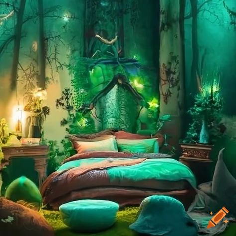 Cozy fantasy woodland bedroom with green fairy decor on Craiyon Elven Bedroom, Bedroom For Kids, Fantasy Woodland, Woodland Bedroom, Forest Room, Fairy Bedroom, Whimsical Bedroom, Bedroom Sanctuary, Fantasy Bedroom