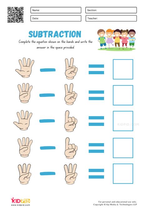 Subtraction With Fingers Worksheets for Kindergarten - Kidpid Teaching Subtraction, Subtraction Kindergarten, Shape Activities Preschool, Kids Worksheets Preschool, 1st Grade Math Worksheets, Numbers Kindergarten, Worksheets For Kindergarten, Printable Preschool Worksheets, Kindergarten Worksheets Printable