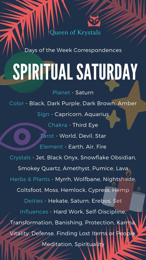 Saturdays are great for rejoicing in your hard work, and taking some time to work on further transformations. Ruled by Saturn, Saturdays can be utilized to practice self-discipline and battling your demons. Meditation and crystal work with crystals like jet, black onyx, and smokey quartz can really help! Saturday Magick, Ruled By Saturn, Cosmic Witch, Tarot Prediction, Crystal Work, Magic Day, Eclectic Witch, Witchcraft Spell Books, Magical Life