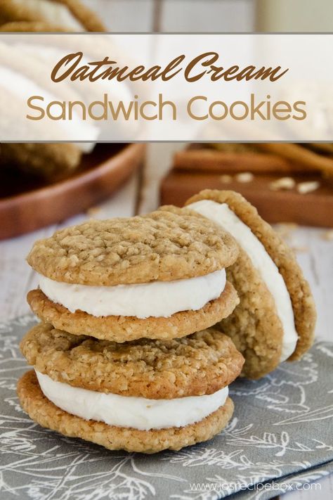 OATMEAL CREAM SANDWICH COOKIES - Sweet buttercream filling sandwiched between soft and chewy oatmeal cookies. These simple and scrumptious cookies are perfect for spoiling your loved ones. Oatmeal Cream Cookies, Soft And Chewy Oatmeal Cookies, Cream Sandwich Cookies, Soft Oatmeal Cookies, Cream Filled Cookies, Sandwich Cookies Filling, Chewy Oatmeal Cookies, Sandwich Cream, Cookie Sandwich Recipes