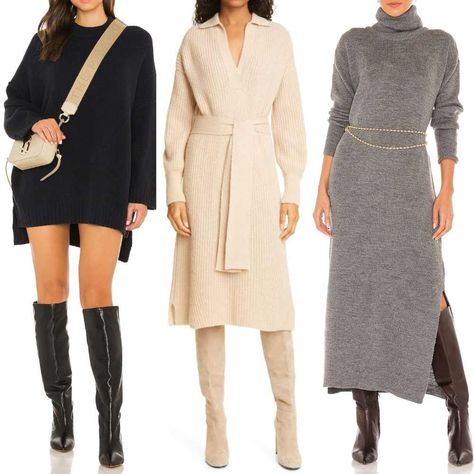 How to Wear a Sweater Dress with Boots: from Ankle Boots to High Boots! Fall Sweater Dresses 2022, Tall Boots With Midi Dress, Sweater Dresses With Boots Long, Beige Sweater Dress Outfit Boots, Shoes With Long Dress Winter, Maxi Sweater Dress With Boots, How To Style Long Sweater Dress, Shoes To Wear With Sweater Dresses, Midi Dress With Boots Winter