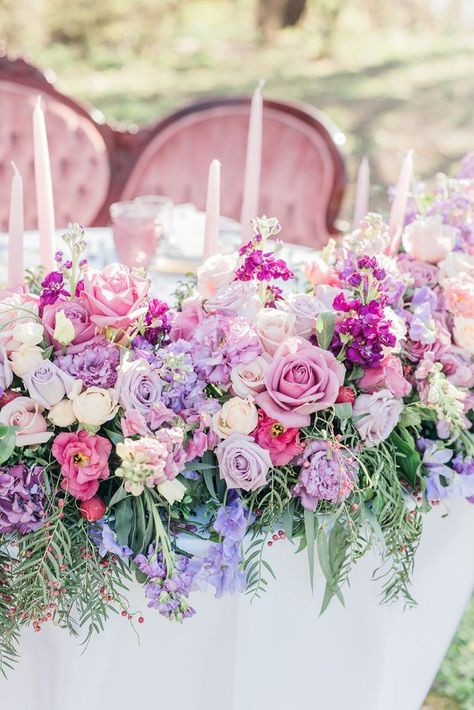 Magenta And Lilac Wedding, Pink And Lilac Flower Arrangements, Unique Wedding Flower Ideas, Pink And Purple Bridesmaid Dresses, Lavender And Pink Wedding, Wedding Table Pink, Pink Purple Wedding, Rapunzel Wedding, Tangled Wedding