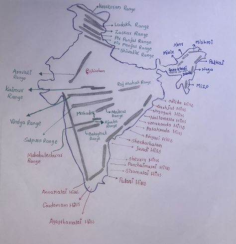 Indian Mountain Map, Himalaya Range India Map, India Geography Maps, Mountain Ranges In India Map, Basic Geography Notes, Himalayas Map, Indian Mountains, Indian Geography, India World Map