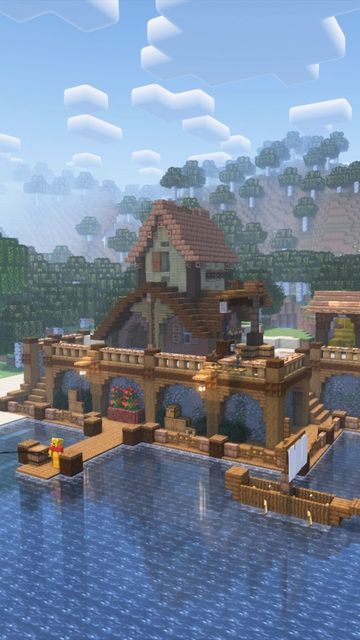 Fisherman’s House Minecraft, Minecraft Lakeside Cottage, Minecraft Fishing Dock House, Minecraft Boat Storage, River Minecraft House, Fishing Docks Minecraft, Minecraft House With Dock, Minecraft Fishing Hut Ideas, Minecraft Costal Village