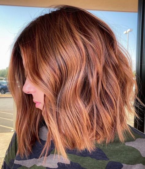 Auburn Lob with Soft Strawberry Balayage Balayage, Copper Balayage On Dark Blonde Hair, Dark Blonde To Copper Balayage, Copper Balayage Bob, Brunette Copper Balayage, Strawberry Blonde Balayage Brunette, Caramel Copper Balayage, Auburn Lob, Strawberry Balayage