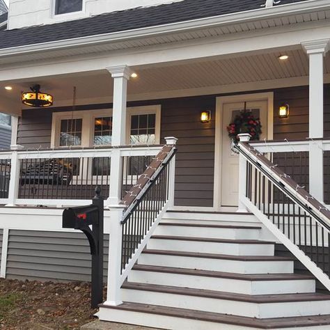 Two Story Porch Ideas, Grey Front Porch Ideas, Raised Front Porch, Grey Porch, Front Porch Pictures, Front Porch Stairs, Front Porch Stone, Craftsman Porch, Front Porch Deck