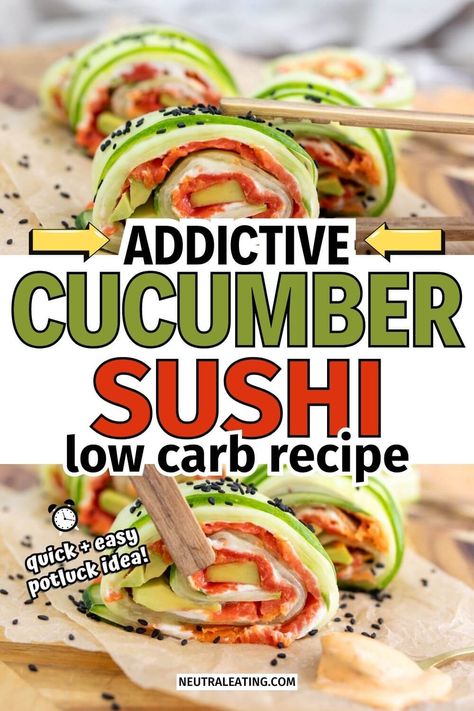 Looking for sushi recipes for beginners? We have the best homemade cucumber sushi roll that everyone will love! This healthy cucumber snack is so easy to make. Give our cucumber rolls appetizers a try! Easy Recipes Low Carb, Sushi Recipes For Beginners, Keto Cucumber, Cucumber Snack, Cucumber Sushi Rolls, Low Carb Sushi, Cucumber Snacks, Copycat Food, Sushi Bowls