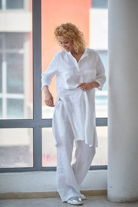 Women Linen Set Linen Clothing Plus Size Linen Linen Tunic | Etsy Linen Tunic Shirt, White Summer Tops, Plus Size Linen, Maxi Pants, White Tunic Tops, Linen Shirts Women, Linen Tunic Tops, White Linen Shirt, White Linen Pants