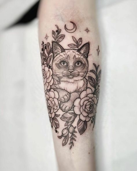 Moon Forearm Tattoo, Pet Memorial Tattoo Cat, Cat Remembrance Tattoo, Siamese Cat Tattoo, Cat Memorial Tattoo, Siamese Cat Tattoos, Pet Portrait Tattoo, Dad Memorial Tattoo, Tattoo Memorial