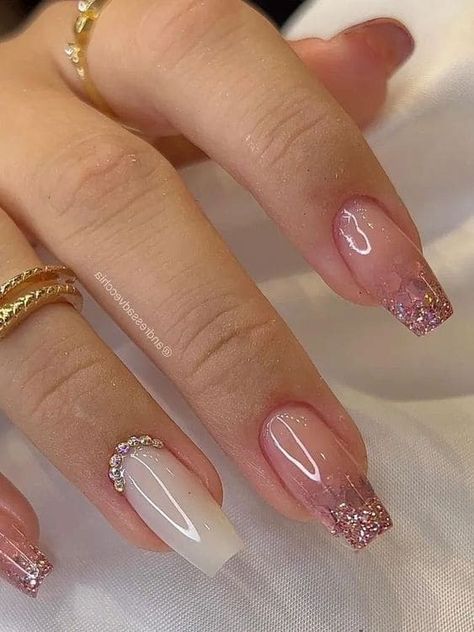 Coffin-shaped, pink glitter ombre, and milky white nails Pink Bridesmaid Nails, Rose Gold Nails Acrylic, Bridesmaids Nails, Pink Glitter Nails, Pink Ombre Nails, Ombre Nails Glitter, Rose Gold Nails, Pink Nail Designs, Acrylic Nails Coffin Short