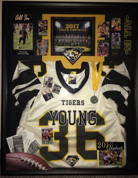 Athlete Shadow Box Ideas, Shadow Box Jersey Display, Football Shadow Box Ideas High Schools, Shadow Box Sports Ideas, Football Jersey Shadow Box Ideas, Sport Shadow Box Ideas, Senior Shadow Box Ideas Sports, Soccer Shadow Box Ideas, High School Shadow Box Ideas