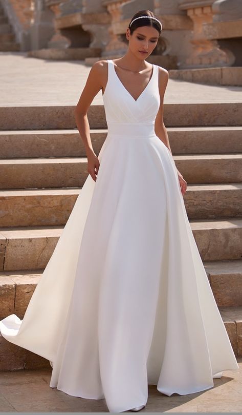 V Neck Bride Dress, Moonlight Bridal Wedding Dress, Align Wedding Dress, V Neck A Line Wedding Dress, Classic Timeless Wedding Dress, Wedding Dress Inspo Elegant, Aline Satin Wedding Dress, Elegant Summer Wedding Dress, Satin V Neck Wedding Dress