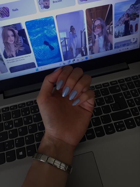 Blue nail polish Frosted Blue Nails, Dark Periwinkle Nails, Blue Frosty Nails, Light Blue Almond Nails, Baby Blue Chrome Nails, Pale Blue Nails, Dusty Blue Nails, Ice Blue Nails, Periwinkle Nails