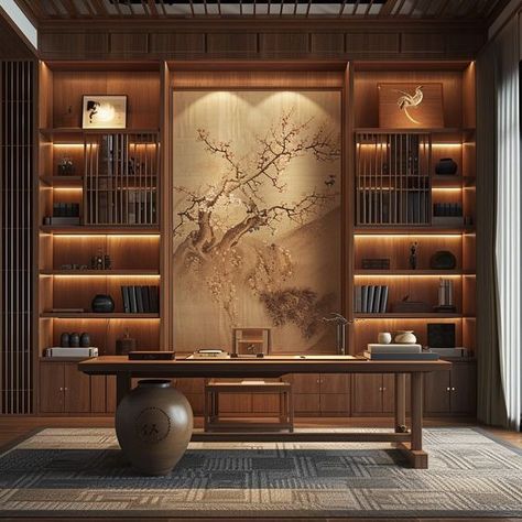 Chinese Office Design, Zen Study Room, Home Office Background Ideas, Chinese Room Decor, Chinese Study Room, Wallpaper Iphone Autumn, Executive Office Design Interior, Minimalist Wallpaper Iphone, Japandi Home Office