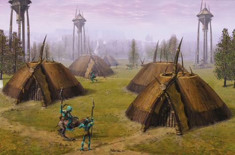 Fantasy Tribe Village, Mythical Architecture, Village Concept Art, Oddworld Inhabitants, Abe's Oddysee, Fantasy Village, Village Art, Space Fantasy, Weta Workshop