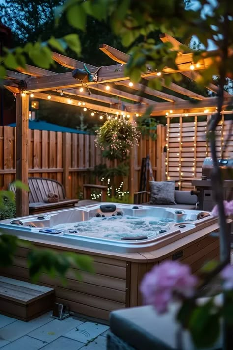 My Top Picks for Hot Tub Pergola Ideas Hot Tub Pergola With Bar, Deck Hot Tub Design, Roof Over Hot Tub Ideas, Secluded Hot Tub Ideas, Wood Hot Tub Surround, Hot Tub Garden Ideas Pergolas, Hot Tub Terrace, Hot Tub Lean To, Deck With Pergola And Hot Tub