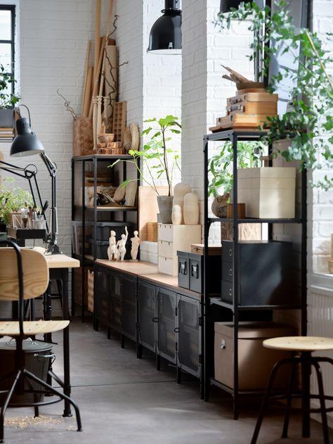 Industrial Style Craft Room, Ikea Office Ideas Workspaces Industrial, Industrial Style Office Space, Industrial Workplace Design, Industrial Office Decor Ideas, Industrial Chic Office, Home Office Industrial Style, Industrial Art Studio, Industrial Classroom