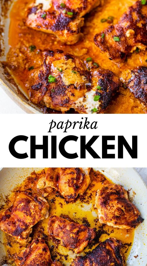 This easy Paprika Chicken recipe is made completely in one skillet, so there's no need to turn on the oven! It's packed with flavor and ready in just 15 minutes. Chicken With Paprika Recipe, Paprika Chicken Recipes, Dark Meat Chicken Recipes, Cast Iron Skillet Recipes Chicken, Spicy Chicken Breast Recipes, Skillet Chicken Recipes, Paprika Chicken Thighs, Baked Chicken Tenderloins, Chicken In A Skillet