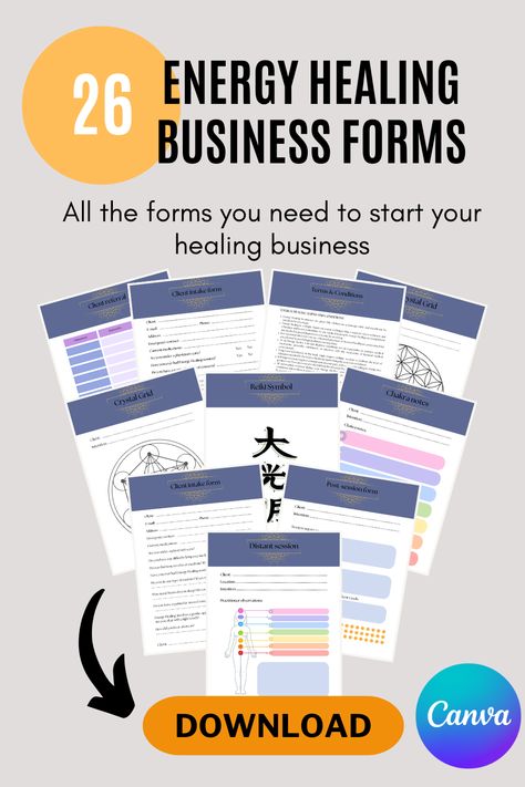 26 Energy Healing Business form bundle perfect for Reiki practitioners and Energy Healers, Mediums, Massage Therapist or those who enjoy spirituality. This bundle includes all the necessary forms you'll need for in-person and distance/remote healing sessions. The forms are in a Printable PDF & Editable in Canva format. The photos are INCLUDED but you can use your own photos, change colors according to your brand, write your caption and ready to go. Crystal Healing, Chakra Chart, Reiki Principles Remote Healing, Healing Business, Reiki Principles, Reiki Business, Guided Meditation Scripts, Chakra Chart, Healing Session, Meditation Scripts, Reiki Healer