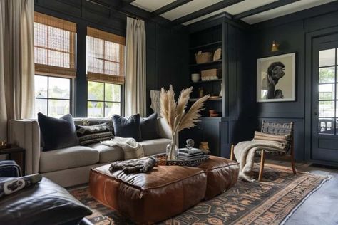 25 Moody Living Rooms You'll Love Moody Living Rooms, Moody Living Room Ideas, Blue And Cream Living Room, Pirate House, Moody Living Room, Cream Living Rooms, Black Accent Walls, Modern Boho Living Room, Modern Basement